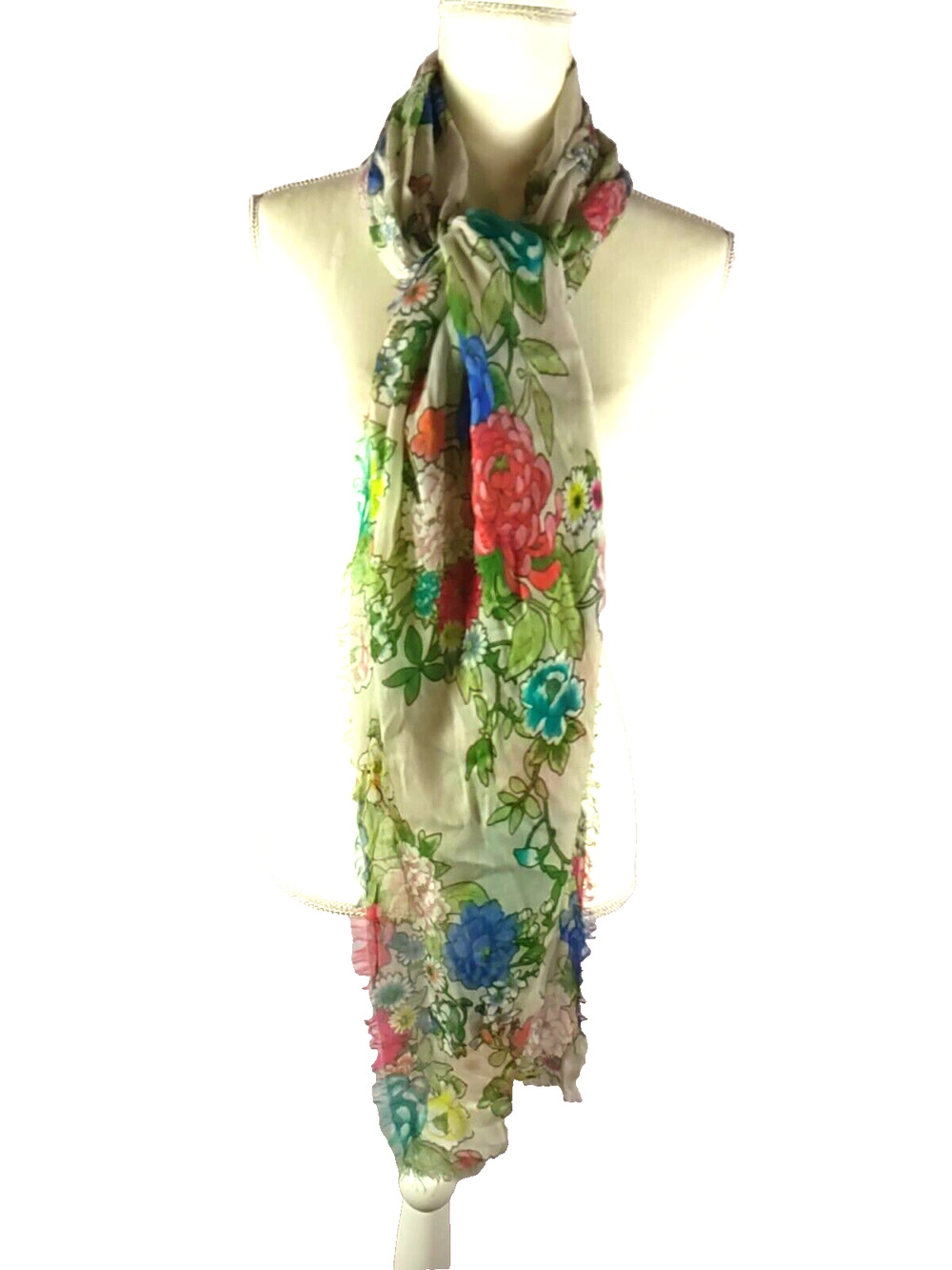 Scarf Women's Rectangle 72" X 23 Flowers Red Cream blue Green